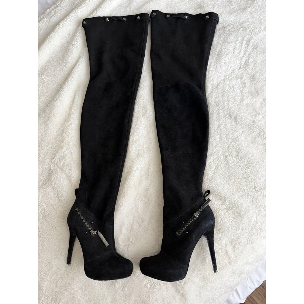 US 6.5❤️ REPORT SIGNATURE BLACK REAL SUEDE OVER KNEE THIGH HIGH HEEL BOOTS